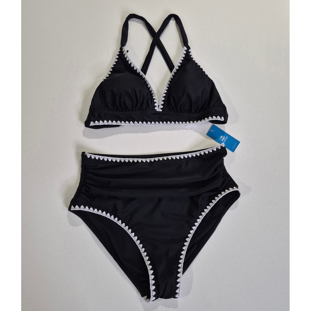 Cupshe Womens Black White Embroidered High Waisted Bikini Set New Size L